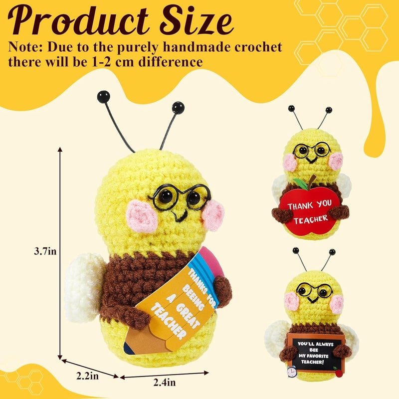 Henoyso 3 Pcs Thank You Teacher Appreciation Gifts, Bee Crochet with Card, Christmas Handmade Crochet for Women Mentor Math Science Dance English Xmas Birthday End of Year Gift Table Ornament - Image 2